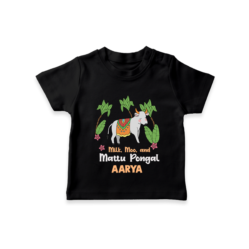 "Milk, Moo & Mattu Pongal - Imprinted Customized T-shirt for Kids with Name" - BLACK - 0-5 Months Old (Chest 17")