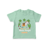 "Milk, Moo & Mattu Pongal - Imprinted Customized T-shirt for Kids with Name" - MINT GREEN - 0-5 Months Old (Chest 17")