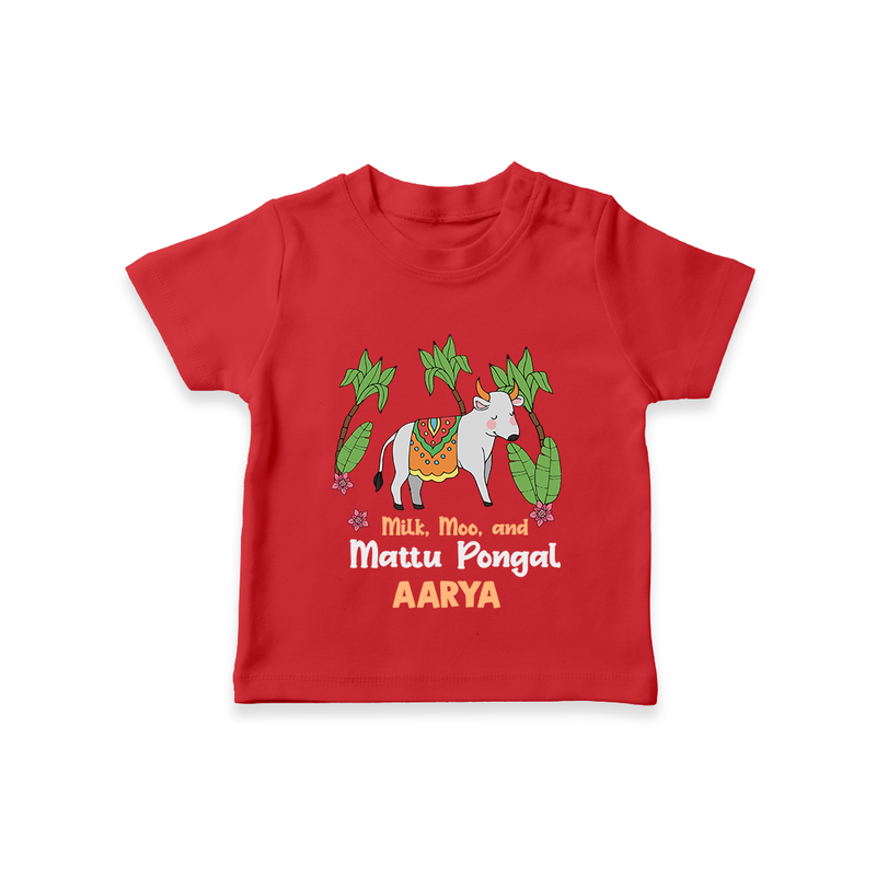 "Milk, Moo & Mattu Pongal - Imprinted Customized T-shirt for Kids with Name" - RED - 0-5 Months Old (Chest 17")