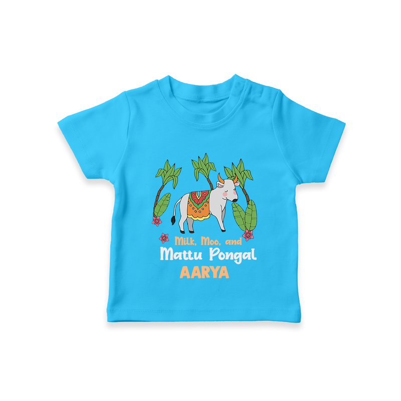 "Milk, Moo & Mattu Pongal - Imprinted Customized T-shirt for Kids with Name" - SKY BLUE - 0-5 Months Old (Chest 17")