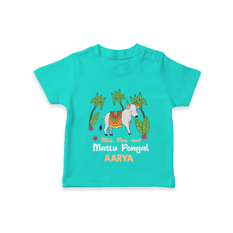 "Milk, Moo & Mattu Pongal - Imprinted Customized T-shirt for Kids with Name" - TEAL - 0-5 Months Old (Chest 17")