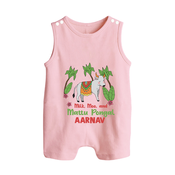 "Milk, Moo & Mattu Pongal - Imprinted Customized Romper Suit for Babies with Name" - BABY PINK - 0 - 5 Months Old (Chest 18")