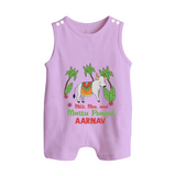 "Milk, Moo & Mattu Pongal - Imprinted Customized Romper Suit for Babies with Name" - LILAC - 0 - 5 Months Old (Chest 18")