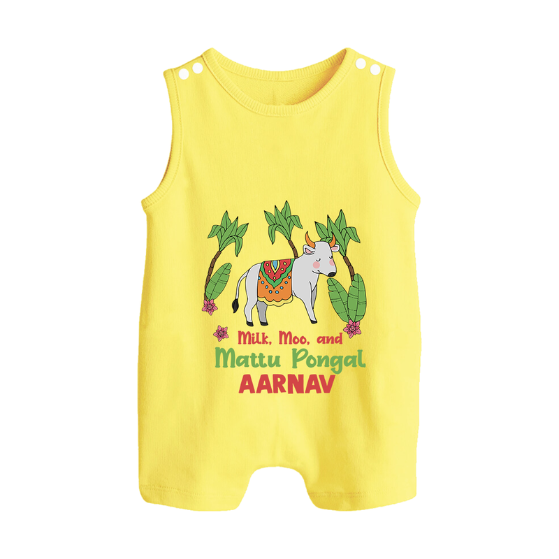 "Milk, Moo & Mattu Pongal - Imprinted Customized Romper Suit for Babies with Name" - PASTEL YELLOW - 0 - 5 Months Old (Chest 18")