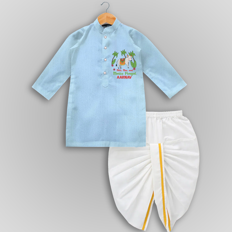 "Milk, Moo And Mattu Pongal Imprinted Customized Dropped Dhoti for Boys with Name" - SKY BLUE - 0 - 6 Month Old (Chest 24", Kurta Length 14" , Waist 19", Dhoti Length 14")