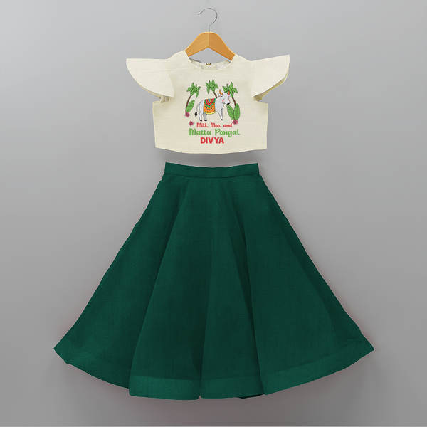 "Milk, Moo And Mattu Pongal Imprinted Customized Crop Top and Skirt for Girls with Name" - BOTTLE GREEN - 6 - 9 Months Old (Chest 20" , Frock Waist 20")