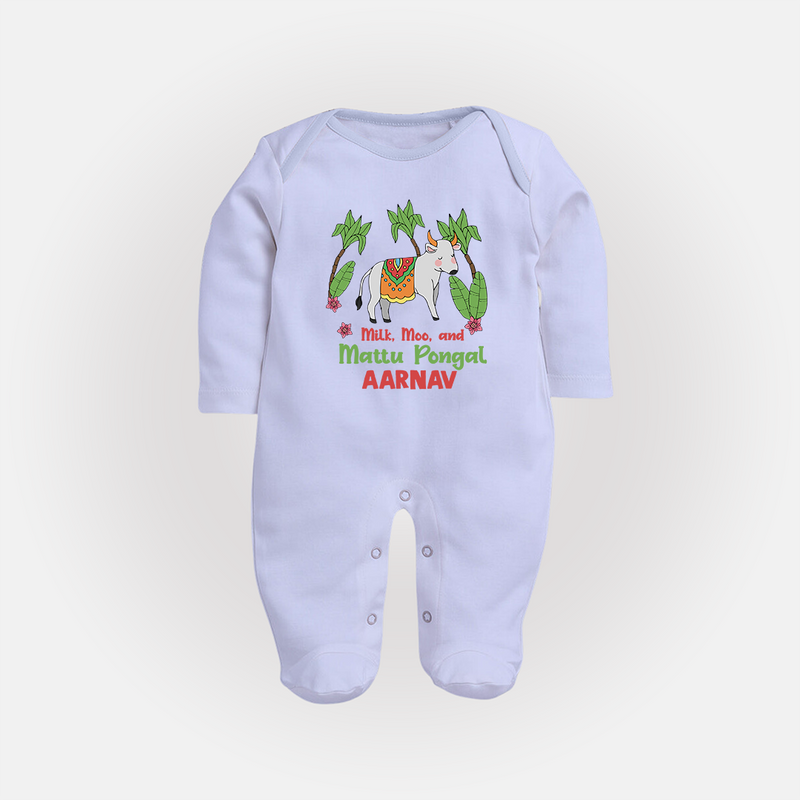 "Milk, Moo & Mattu Pongal - Imprinted Customized Sleep Suit for Babies with Name" - BABY BLUE - New Born (Chest 7.5")