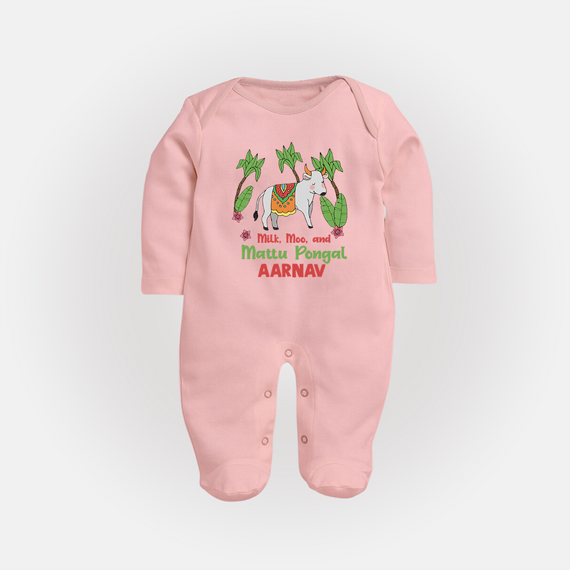 "Milk, Moo & Mattu Pongal - Imprinted Customized Sleep Suit for Babies with Name" - BABY PINK - New Born (Chest 7.5")