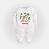 "Milk, Moo & Mattu Pongal - Imprinted Customized Sleep Suit for Babies with Name" - WHITE - New Born (Chest 7.5")