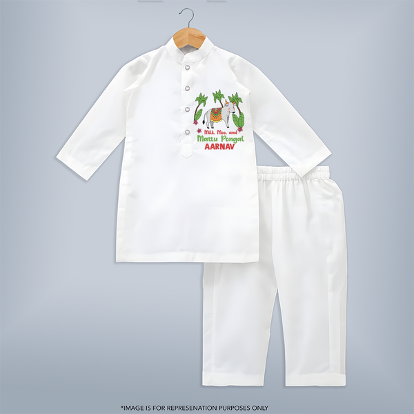 "Milk, Moo And Mattu Pongal Imprinted Customized Kurta Set for Boys with Name" - WHITE - 3 - 6 Months Old (Chest 24", Kurta Length 14'', Waist 19", Pant Length 14")