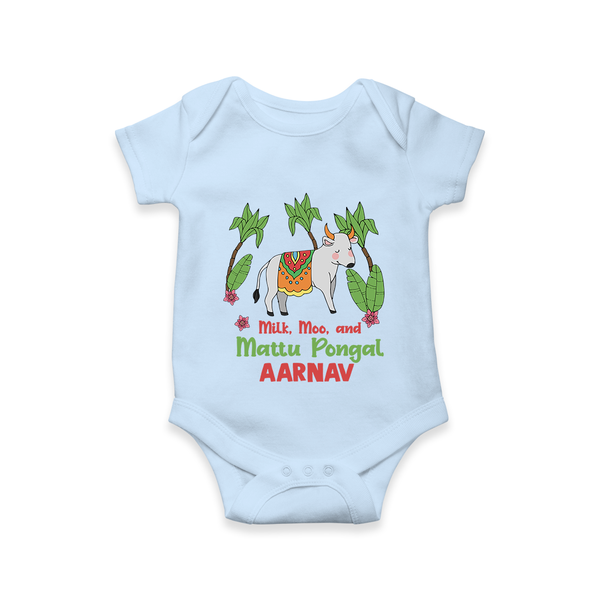 "Milk, Moo & Mattu Pongal - Imprinted Customized Romper for Babies with Name" - BABY BLUE - 0 - 3 Months Old (Chest 16")