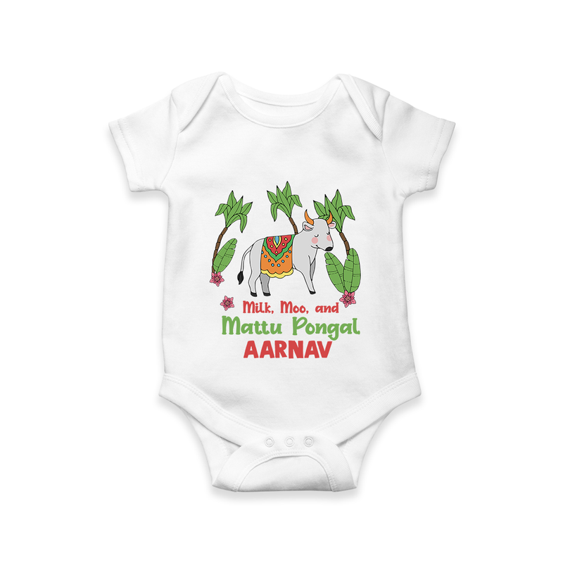 "Milk, Moo & Mattu Pongal - Imprinted Customized Romper for Babies with Name" - WHITE - 0 - 3 Months Old (Chest 16")