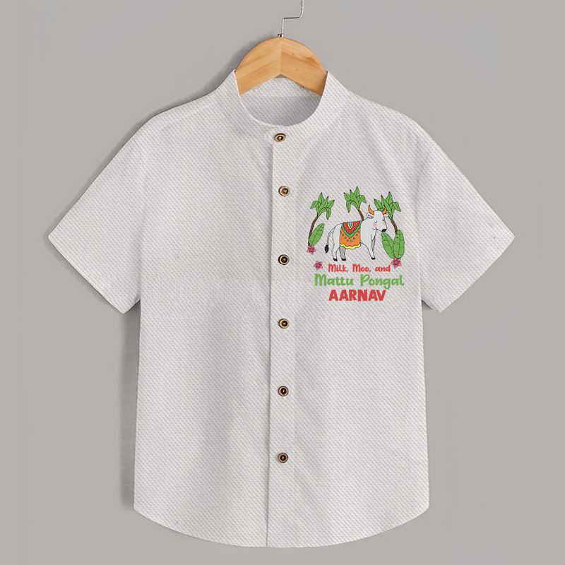 "Milk, Moo And Mattu Pongal Imprinted Customized Shirt for Boys with Name" - WHITE - 0 - 6 Months Old (Chest 23")