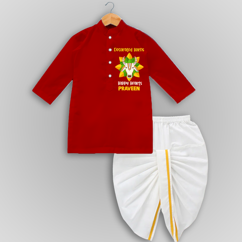 "Happy Mattu Pongal - Decorated Horns Customized Dropped Dhoti for Boys with Name" - RED - 0 - 6 Month Old (Chest 24", Kurta Length 14" , Waist 19", Dhoti Length 14")