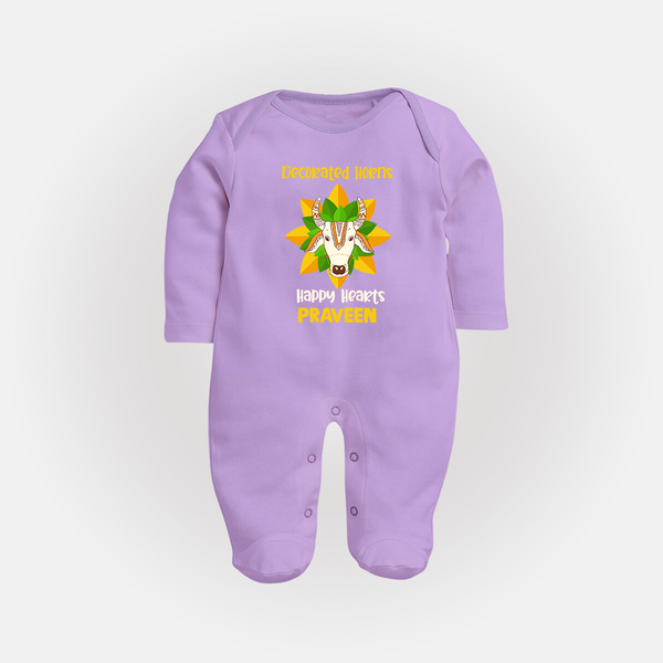 "Happy Mattu Pongal - Decorated Horns Customized Sleep Suit for Babies with Name" - LILAC - New Born (Chest 7.5")