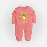 "Happy Mattu Pongal - Decorated Horns Customized Sleep Suit for Babies with Name" - PEACH - New Born (Chest 7.5")