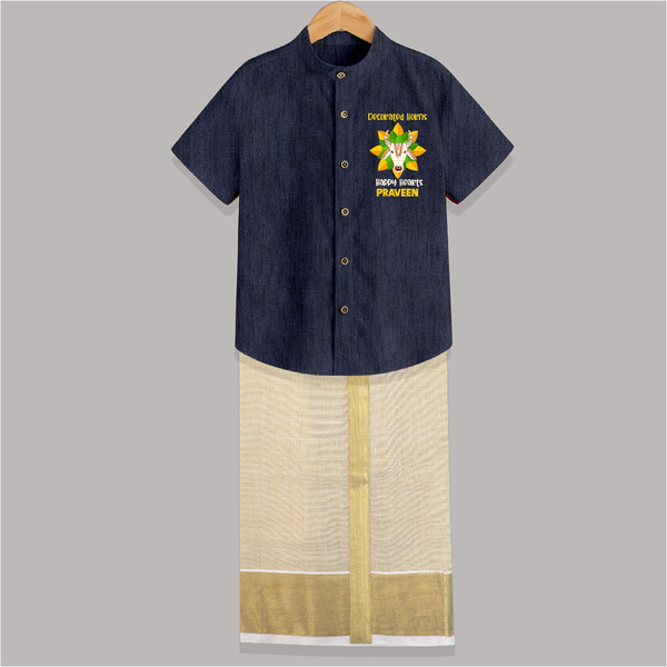 "Happy Mattu Pongal - Decorated Horns Customized Shirt and Dhoti for Boys with Name" - DARK BLUE - 0 - 6 Months Old (Chest-23") (Dhoti length-14")