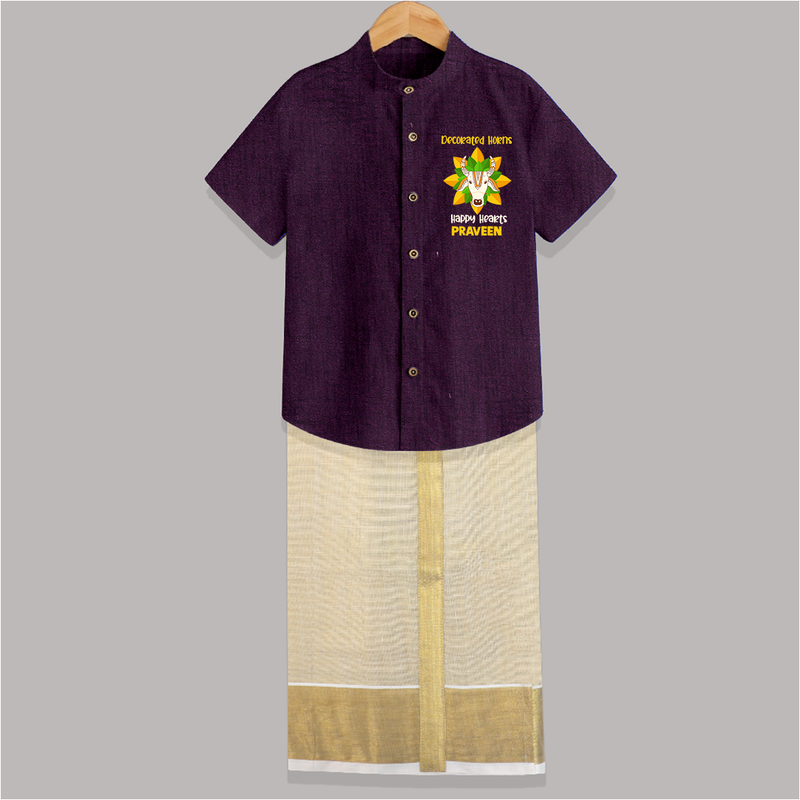 "Happy Mattu Pongal - Decorated Horns Customized Shirt and Dhoti for Boys with Name" - GRAPE - 0 - 6 Months Old (Chest-23") (Dhoti length-14")