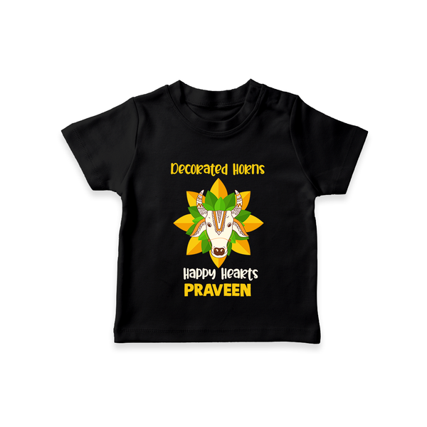 "Happy Mattu Pongal - Decorated Horns Customized T-shirt for Kids with Name" - BLACK - 0-5 Months Old (Chest 17")