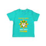 "Happy Mattu Pongal - Decorated Horns Customized T-shirt for Kids with Name" - TEAL - 0-5 Months Old (Chest 17")