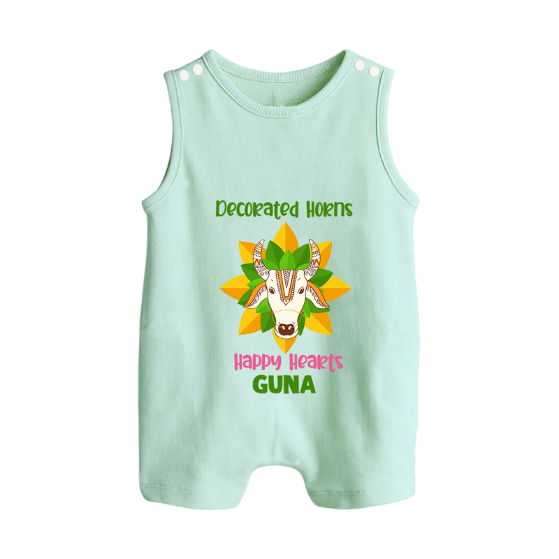 "Happy Mattu Pongal - Decorated Horns Customized Romper Suit for Babies with Name" - MINT GREEN - 0 - 5 Months Old (Chest 18")