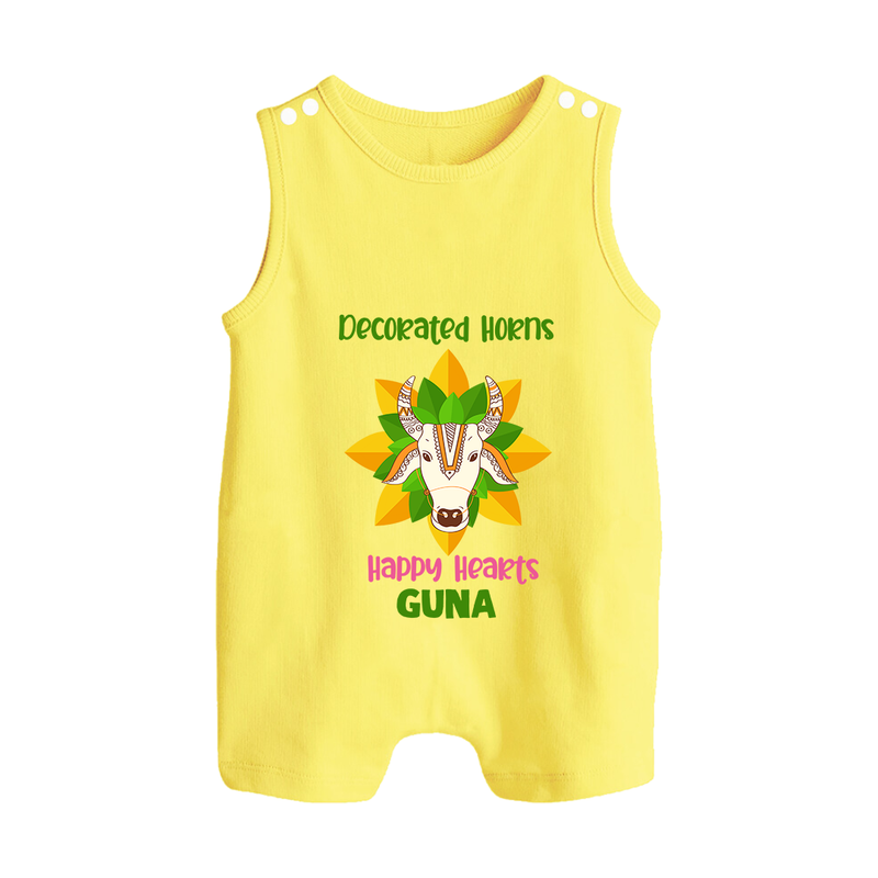 "Happy Mattu Pongal - Decorated Horns Customized Romper Suit for Babies with Name" - PASTEL YELLOW - 0 - 5 Months Old (Chest 18")