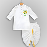 "Happy Mattu Pongal - Decorated Horns Customized Dropped Dhoti for Boys with Name" - WHITE - 0 - 6 Month Old (Chest 24", Kurta Length 14" , Waist 19", Dhoti Length 14")