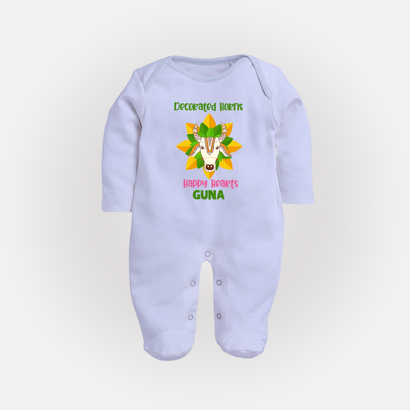 "Happy Mattu Pongal - Decorated Horns Customized Sleep Suit for Babies with Name" - BABY BLUE - New Born (Chest 7.5")