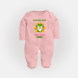 "Happy Mattu Pongal - Decorated Horns Customized Sleep Suit for Babies with Name" - BABY PINK - New Born (Chest 7.5")