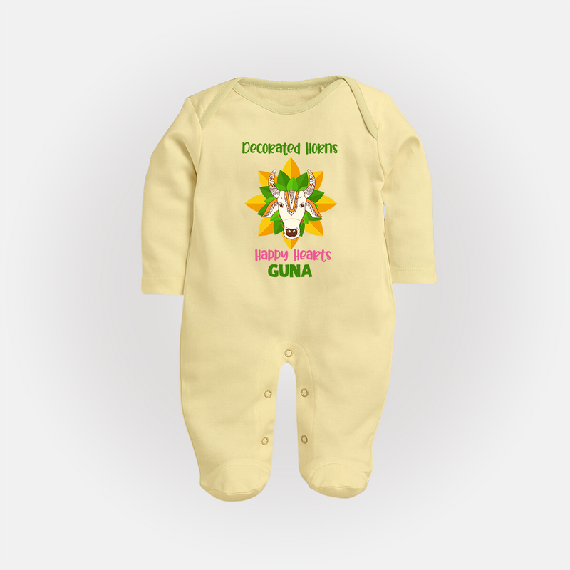 "Happy Mattu Pongal - Decorated Horns Customized Sleep Suit for Babies with Name" - PASTEL YELLOW - New Born (Chest 7.5")