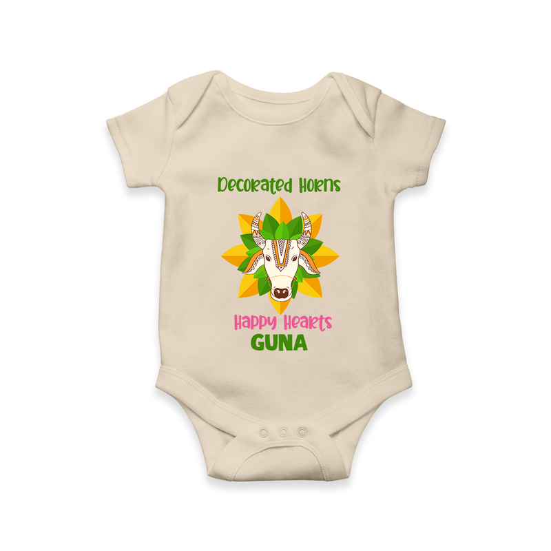 "Happy Mattu Pongal - Decorated Horns Customized Romper for Babies with Name" - IVORY - 0 - 3 Months Old (Chest 16")