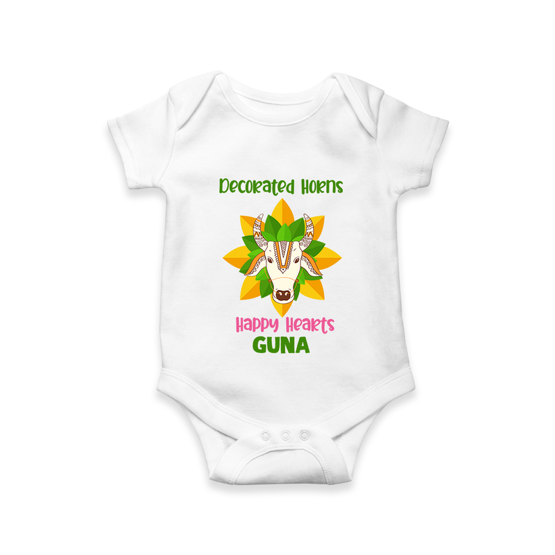 "Happy Mattu Pongal - Decorated Horns Customized Romper for Babies with Name" - WHITE - 0 - 3 Months Old (Chest 16")