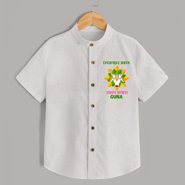 "Happy Mattu Pongal - Decorated Horns Customized Shirt for Boys with Name" - WHITE - 0 - 6 Months Old (Chest 23")