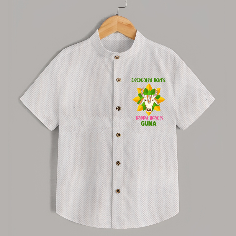 "Happy Mattu Pongal - Decorated Horns Customized Shirt for Boys with Name" - WHITE - 0 - 6 Months Old (Chest 23")