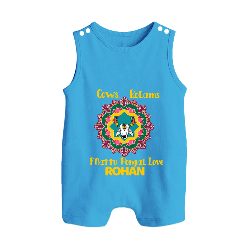 "Happy Mattu Pongal - Kolam Designs & Cow-Themed Customized Romper Suit for Babies with Name" - ROYAL BLUE - 0 - 5 Months Old (Chest 18")