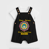 "Happy Mattu Pongal - Kolam Designs & Cow-Themed Customized Dungaree Set for Kids with Name" - BLACK - 0 - 5 Months Old (Chest 18")