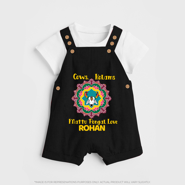 "Happy Mattu Pongal - Kolam Designs & Cow-Themed Customized Dungaree Set for Kids with Name" - BLACK - 0 - 5 Months Old (Chest 18")