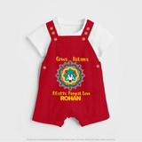 "Happy Mattu Pongal - Kolam Designs & Cow-Themed Customized Dungaree Set for Kids with Name" - RED - 0 - 5 Months Old (Chest 18")