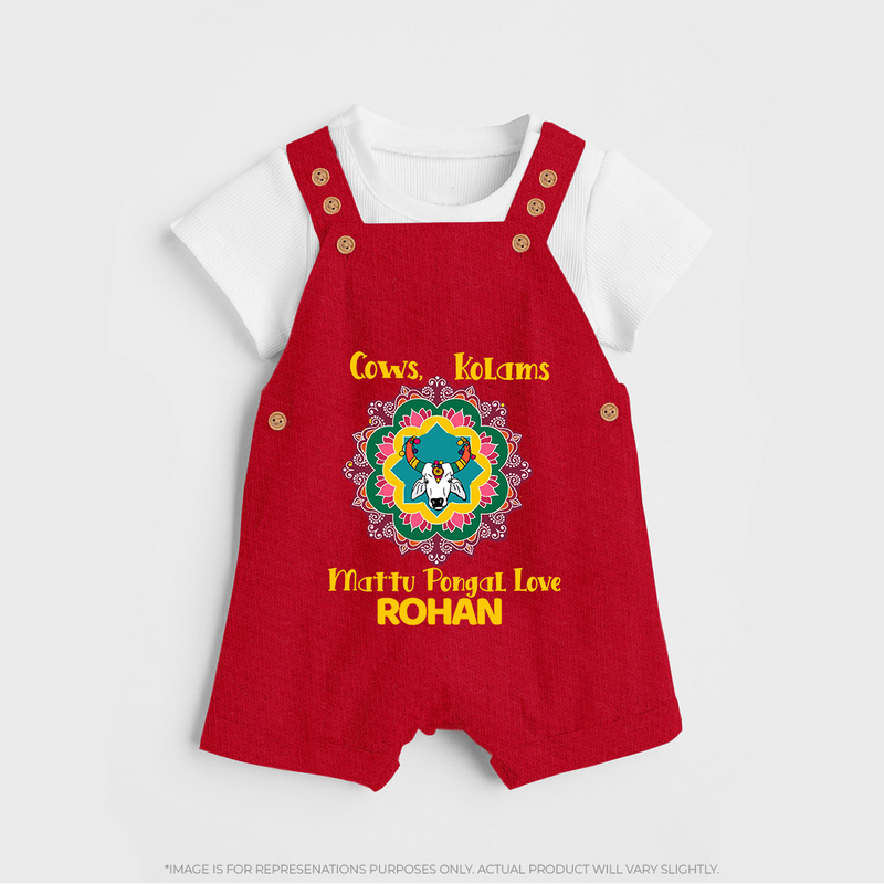 "Happy Mattu Pongal - Kolam Designs & Cow-Themed Customized Dungaree Set for Kids with Name" - RED - 0 - 5 Months Old (Chest 18")