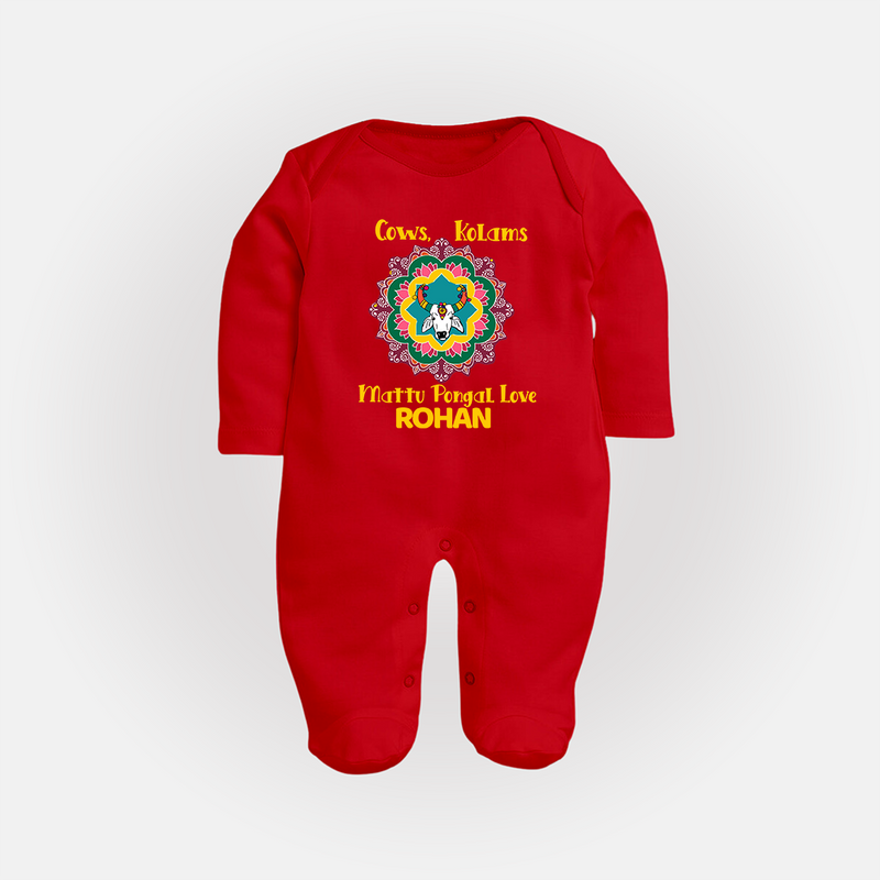 "Happy Mattu Pongal - Kolam Designs & Cow-Themed Customized Sleep Suit for Babies with Name" - RED - New Born (Chest 7.5")