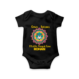 "Happy Mattu Pongal - Kolam Designs & Cow-Themed Customized Romper for Babies with Name" - BLACK - 0 - 3 Months Old (Chest 16")