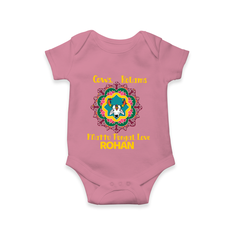 "Happy Mattu Pongal - Kolam Designs & Cow-Themed Customized Romper for Babies with Name" - ONION - 0 - 3 Months Old (Chest 16")