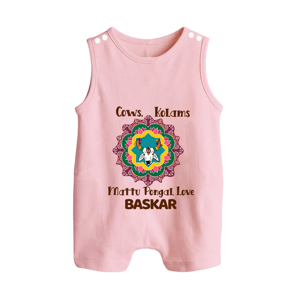 "Happy Mattu Pongal - Kolam Designs & Cow-Themed Customized Romper Suit for Babies with Name" - BABY PINK - 0 - 5 Months Old (Chest 18")