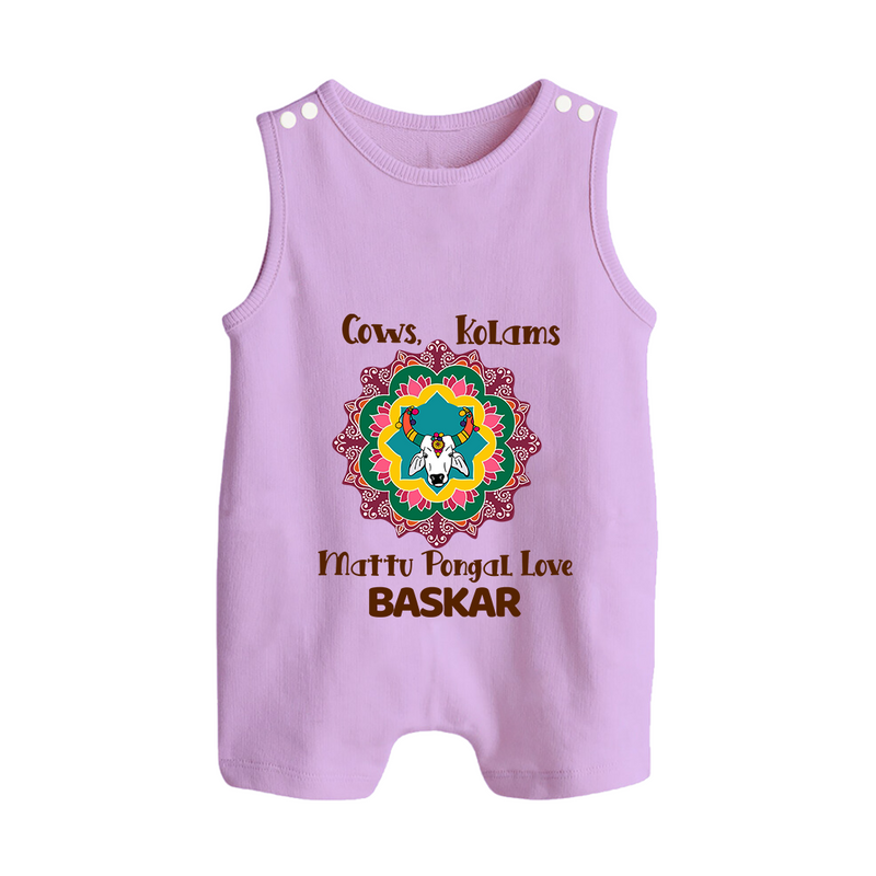 "Happy Mattu Pongal - Kolam Designs & Cow-Themed Customized Romper Suit for Babies with Name" - LILAC - 0 - 5 Months Old (Chest 18")