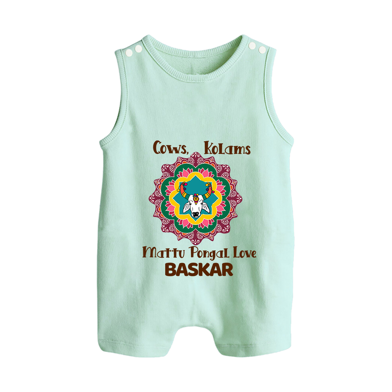 "Happy Mattu Pongal - Kolam Designs & Cow-Themed Customized Romper Suit for Babies with Name" - MINT GREEN - 0 - 5 Months Old (Chest 18")