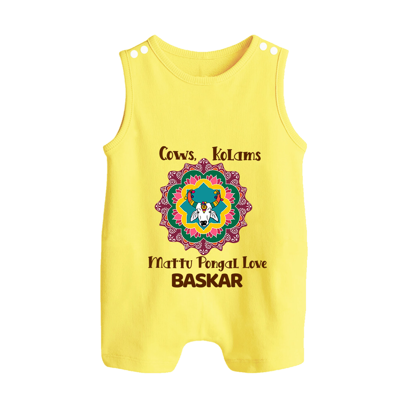 "Happy Mattu Pongal - Kolam Designs & Cow-Themed Customized Romper Suit for Babies with Name" - PASTEL YELLOW - 0 - 5 Months Old (Chest 18")