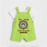 "Happy Mattu Pongal - Kolam Designs & Cow-Themed Customized Dungaree Set for Kids with Name" - GREEN - 0 - 5 Months Old (Chest 18")