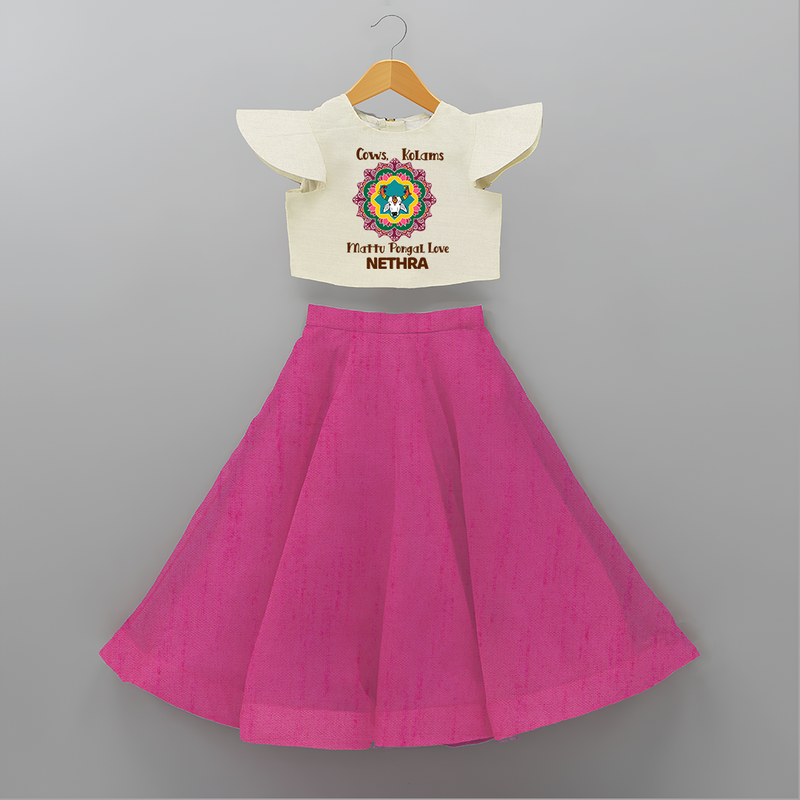 "Happy Mattu Pongal - Kolam Designs and Cow Themed Customized Crop Top and Skirt for Girls with Name" - FUSCHIA - 6 - 9 Months Old (Chest 20" , Frock Waist 20")