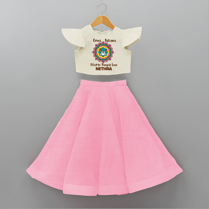 "Happy Mattu Pongal - Kolam Designs and Cow Themed Customized Crop Top and Skirt for Girls with Name" - PINK - 6 - 9 Months Old (Chest 20" , Frock Waist 20")