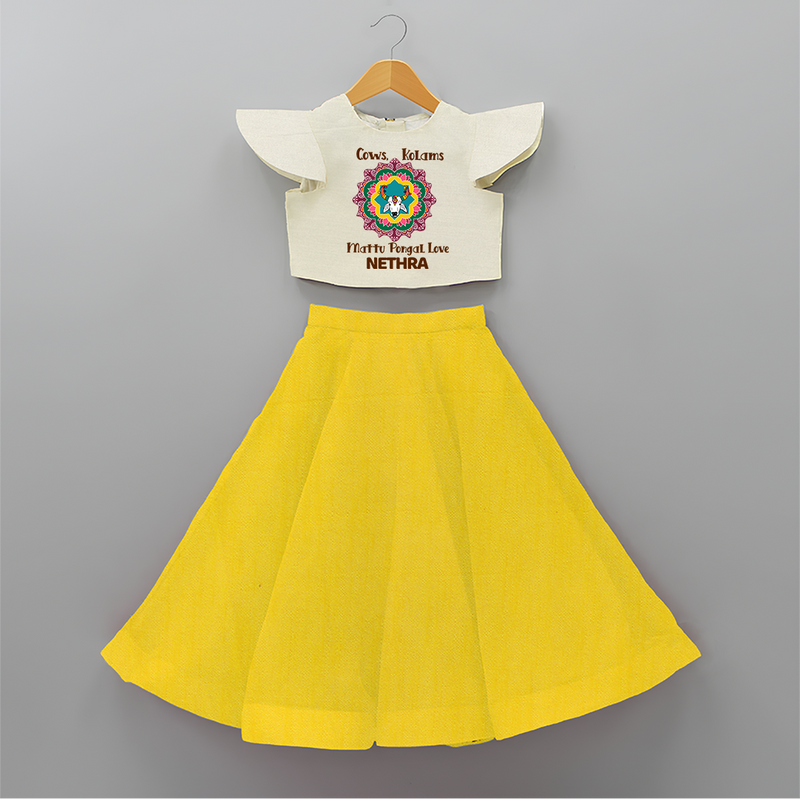 "Happy Mattu Pongal - Kolam Designs and Cow Themed Customized Crop Top and Skirt for Girls with Name" - YELLOW - 6 - 9 Months Old (Chest 20" , Frock Waist 20")